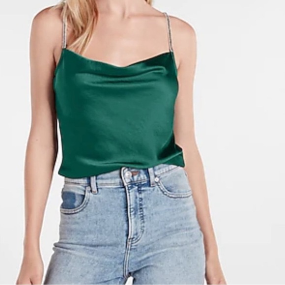 DO+BE Emerald Satin Camisole Rhinestone Spaghetti Strap Gorgeous Jewel Tone Cami - Picture 13 of 15